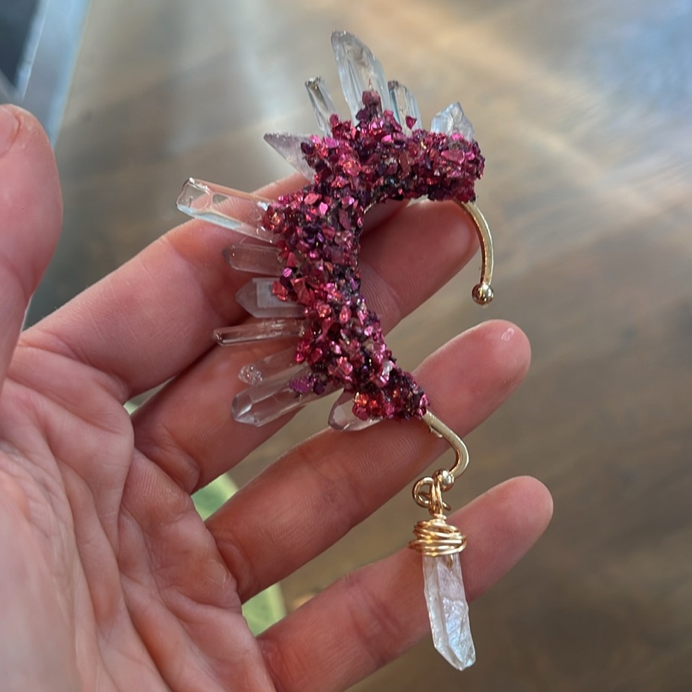 Quartz crystal ear cuff no pierce earring with metallic pink purple accents
